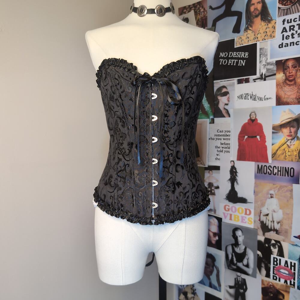 Black Brocade Ruffle Trim Corset Gothic